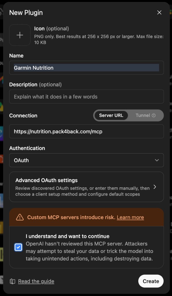ChatGPT New Plugin: Garmin Nutrition, MCP URL, OAuth, risk checkbox